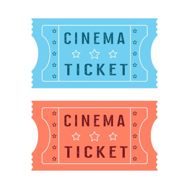 Beyaz arka planda izole edilmiş iki sinema vektör bileti, klasik film biletleri, renkli vektör illüstrasyonu