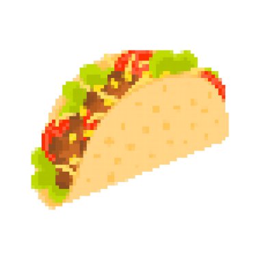 Tacos pikseli beyaz arka planda izole edilmiş. Meksika fast food 'u. - Evet. Meksika ulusal yemeği. Vektör illüstrasyonu