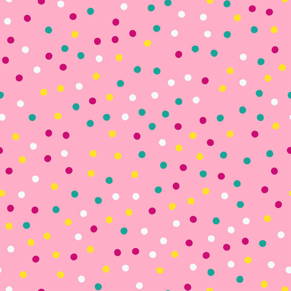 Seamless pattern of donut glaze with many decorative sprinkles. Vector illustration on pink background.