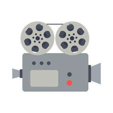 beyaz arkaplanda izole edilmiş sinema kamerasının karikatür vektör çizimi, eski tarz kamera ile poster