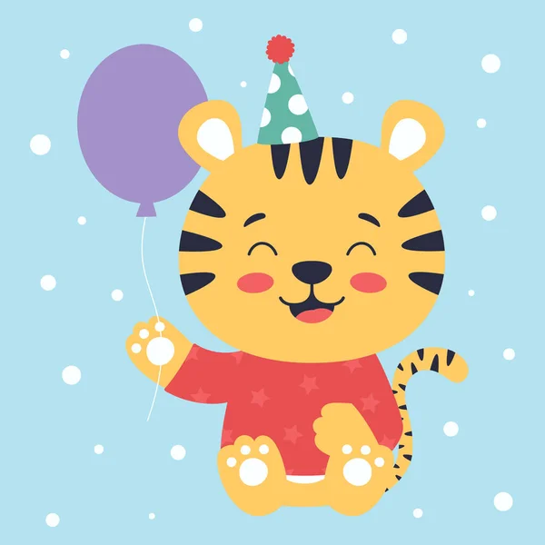 Cartaz Tigre Bonito Chapéu Festa Com Balão Desenho Animado Ilustração —  Vetores de Stock