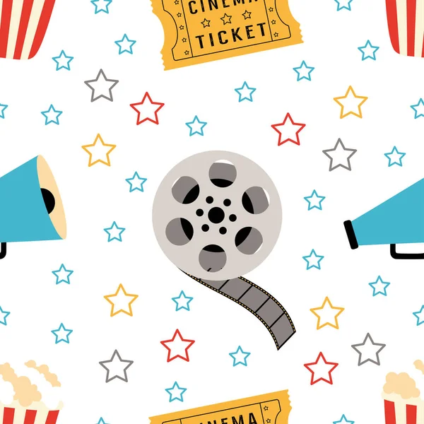 Vector Seamless Pattern Cartoon Cinema Reel Popcorn Ticket Loudspeaker Stars — Vettoriale Stock