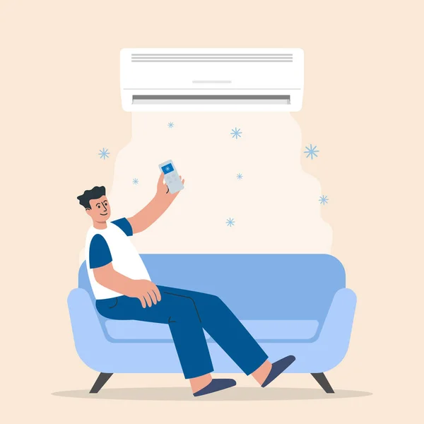 Man Turns Air Conditioner Cools Air While Sitting Sofa Room — Stockvector