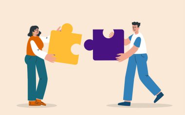 People connecting puzzle elements or jigsaw pieces. Success collaboration, teamwork. Business concept. Partnership. Team working, cooperation. Vector illustration