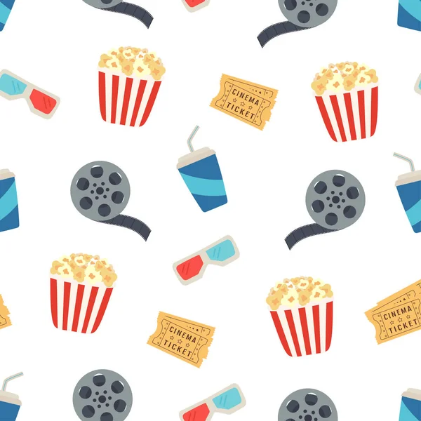 Cinema Cartoon Seamless Pattern Popcorn Tickets Glasses Grink Filmreel — Vector de stock