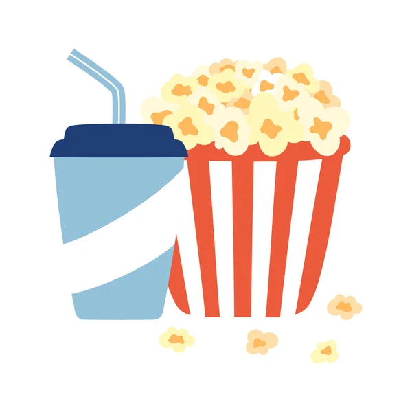 Vector Illustration Popcorn Soda Isolated White Cinema Poster Food Drink — Vettoriale Stock