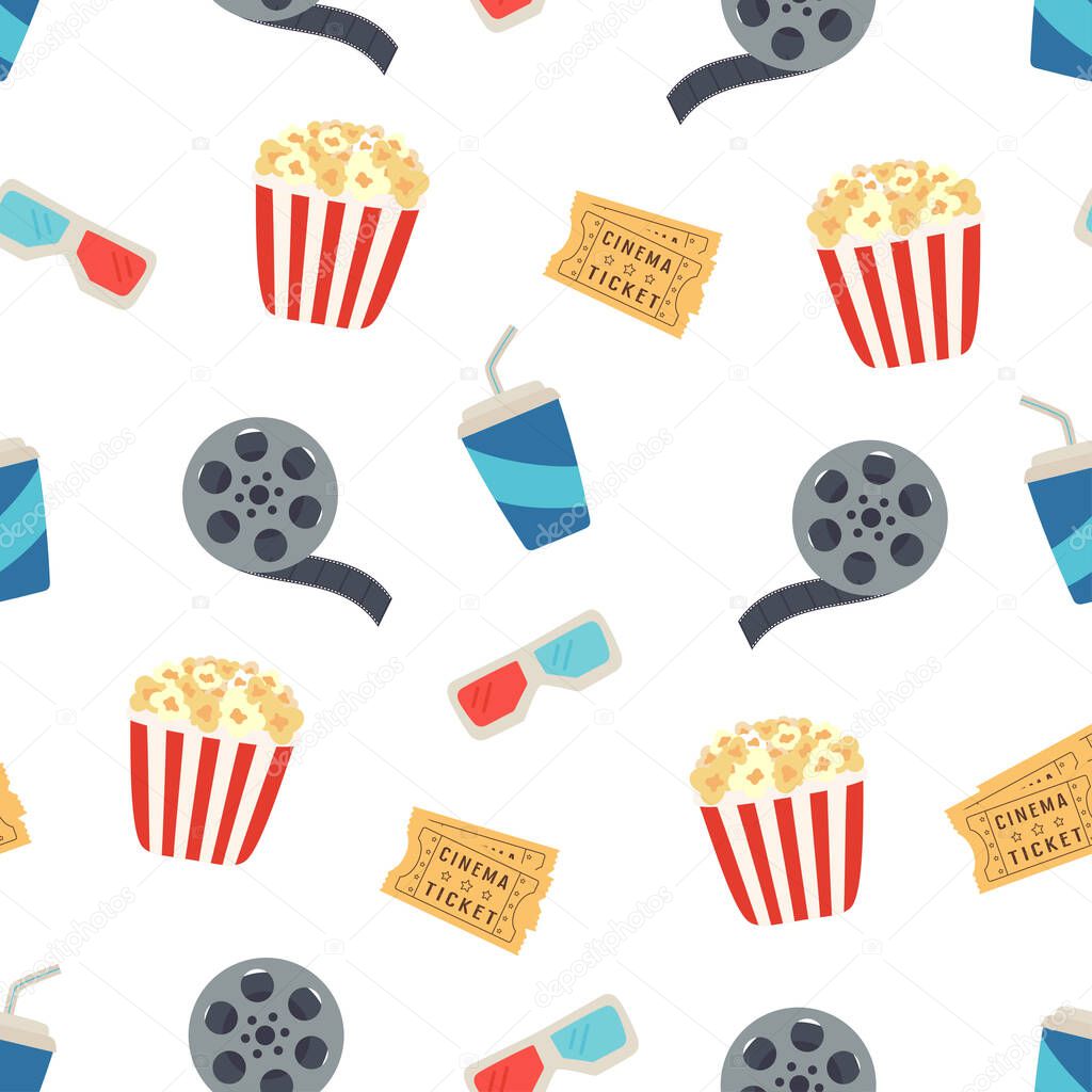 cinema cartoon seamless pattern with popcorn, tickets, glasses, grink and filmreel
