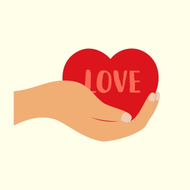 valentines day concept with female hand holds red heart, vector illustration of hand giving love symbol