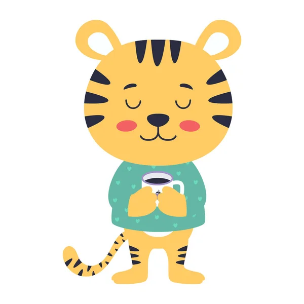 Cartoon Tiger Holding Cup Coffee Tea Its Paws Isolated White — 图库矢量图片