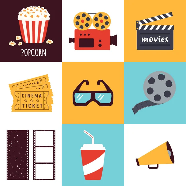 Cinema Icons Set Flat Style Design Elements Movie Theater Vector — Stock Vector