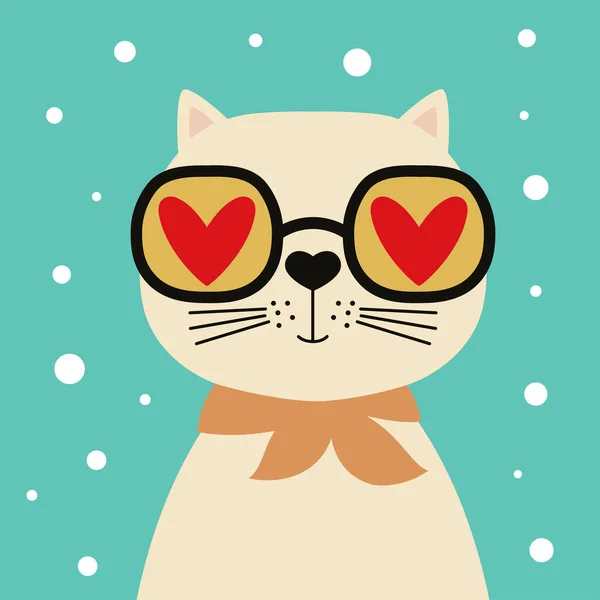 Greeting Card Cat Glasses Hearts Vector Illustration Valentines Day — Stock vektor