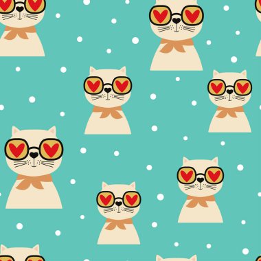 Kalpli şirin çizgi film kedisiyle kusursuz desen, Sevgililer Günü için basit tasarım.