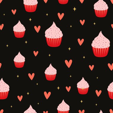 Keklerin ve kalplerin koyu arkaplanda olduğu kusursuz desen, şekerli duvar kağıdı, sevgililer günü için vektör illüstrasyon