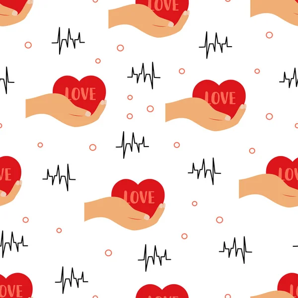 Bezešvé Vzor Paží Drží Červené Srdce Vektorové Ilustrace Valentýna Romantické — Stockový vektor