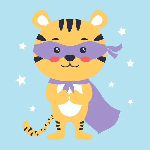 漫画可爱的老虎穿着超级英雄的服装 儿童矢量插图印刷 明信片 — 图库矢量图片