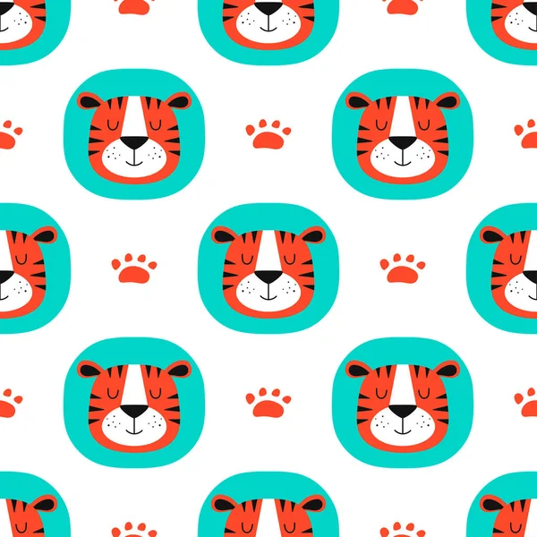 Απρόσκοπτη Μοτίβο Χαριτωμένα Πρόσωπα Τίγρη Ακροφύσια Τίγρη Cub Ίχνη Στυλ — Διανυσματικό Αρχείο