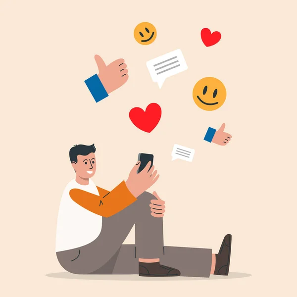 Man Bringing Likes Reactions Social Media Profile Smartphone Social Media — Stock Vector