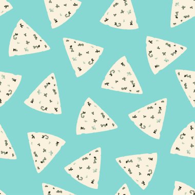 Mavi zemin üzerinde peynir dilimleri olan kusursuz desen, camembert veya gorgonzola parçalı sonsuz tekrarlanabilir gurme yemek dokusu, düz vektör çizimi