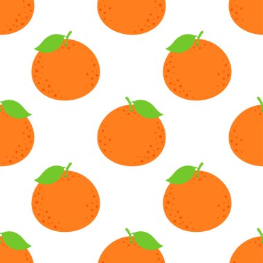 Beyaz arka planda taze portakal meyvesi ve yeşil yapraklarla kusursuz desen, karikatür tarzında organik meyveli vektör çizimi, sağlıklı yaşam tarzı için yiyecek