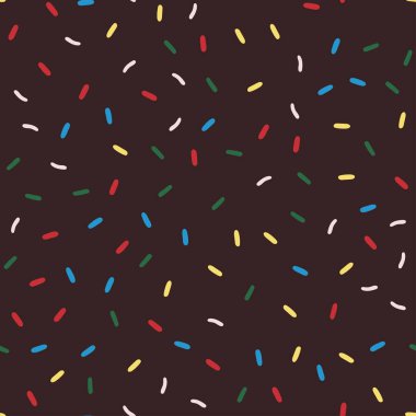 Donut pürüzsüz desen. Çikolata arkaplanına serpiştirilmiş donutlar. Vektör illüstrasyonu.