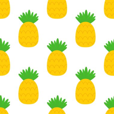 karikatür ananaslı desen, beyaz arka planda tropikal meyvelerin duvar kağıdı, vektör illüstrasyonu
