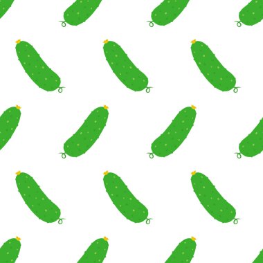 Çizgi filmdeki salatalıklı kusursuz desen, beyaz arka planda yeşil lezzetli taze salatalıkların vektör çizimi.