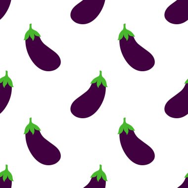 Çizgi film patlıcanlarıyla kusursuz desen, sebze patlıcanlarının vektör çizimi, vejetaryen yiyecekler.