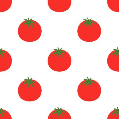 Beyaz zemin üzerinde çizgi film domatesi olan kusursuz desen, tatlı taze sebzelerin vektör çizimi