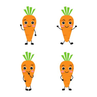 Değişik duygulara sahip şirin çizgi film renkli havuç seti, karakter resmetme vektörü bitkisel, düz stil