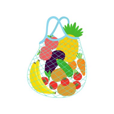 meyve ve sebzelerle yeniden kullanılabilen karikatür ekosu, beyaz arka planda izole edilmiş sıfır atık sicim torbası, düz stil vektör illüstrasyonu