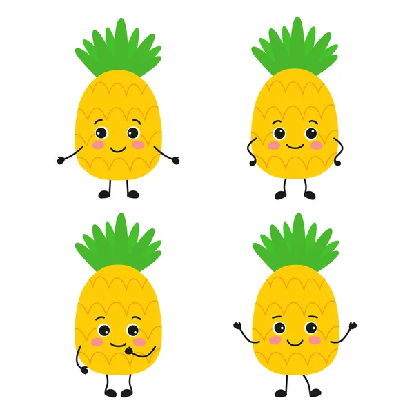 Ensemble Ananas Mignons Dans Style Dessin Animé Fruit Drôle Avec — Image vectorielle