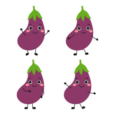 Değişik duyguları olan renkli, renkli, renkli bir patlıcan seti. Yüzün vektör çizimi. Mutlu duygular.