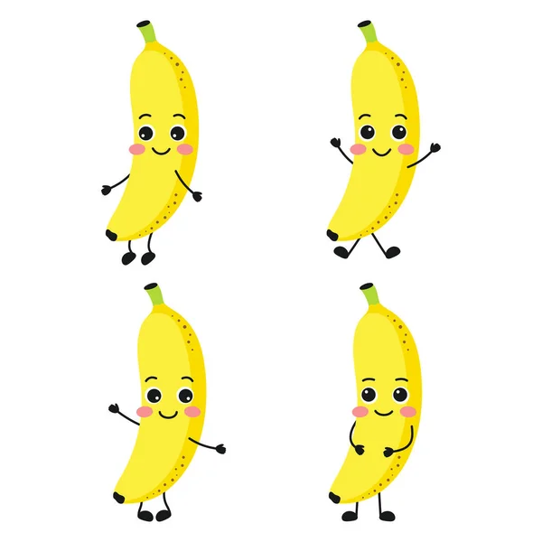白に隔離された漫画バナナのキャラクターでセットされたフラットスタイルでかわいいトロピカルフルーツのベクトルイラスト — ストックベクタ