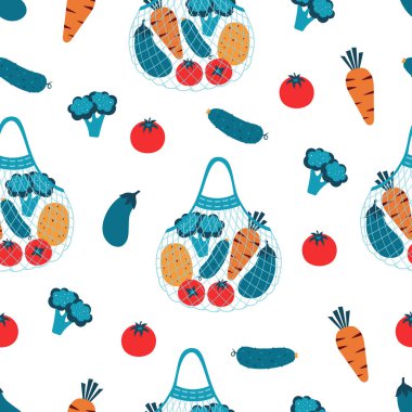 Beyaz arka planda bakkaliye poşeti, domates, patates, havuç, brokoli, salatalık ve patlıcan deseni, fırfırlı sebzelerin vektör çizimi