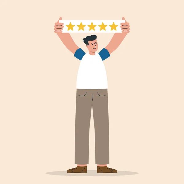 Homem Com Cinco Estrelas Douradas Experiência Usuário Avaliação Estrelas Feedback — Vetor de Stock