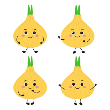 çizgi film karakterleri düz stil, beyaz arka planda izole edilmiş komik sebzelerin vektör çizimi, sevimli komik çocuksu karakter, sağlıklı vejetaryen yiyecekler.