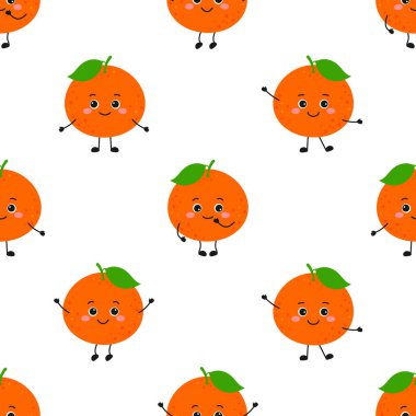 Çizgi film karakterleri düz stil ile kusursuz desen, beyaz arka planda komik gözlü ve bacaklı meyve, vektör illüstrasyon