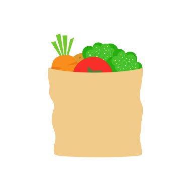 Düz arkaplan üzerine izole edilmiş düz simge içeren kağıt paket, sebzeli sebze paketinin vektör çizimi