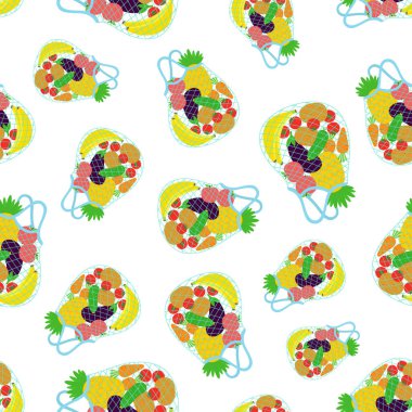 Beyaz zemin üzerinde izole edilmiş sebze ve meyvelerle yeniden kullanılabilir poşetlerin kusursuz deseni, düz stil çizgi film vektör illüstrasyonu