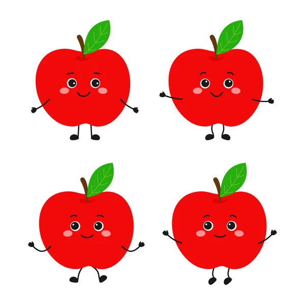 一组有滑稽脸的苹果字符 以快乐可爱的卡通苹果 不同情感的水果 良好的营养 素食概念来表示向量图 — 图库矢量图片