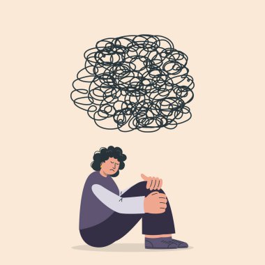 Şaşkın düşüncelerle oturan üzgün kız. Depresyondaki bir kadın, karışık bir durum, destek bir fırsat ve bir şanstır. Kişinin psikolojik danışmaya ihtiyacı var. Vektör illüstrasyonu