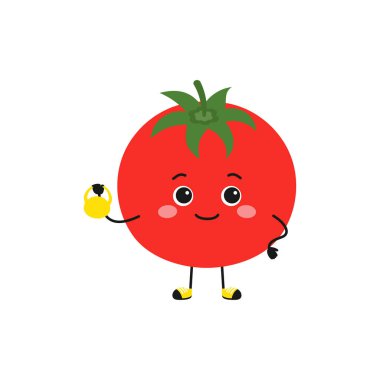 Ağırlıkla egzersiz yapan sevimli domates çizgi film karakteri, sağlıklı beslenme konsepti, düz stil vektör çizimi.