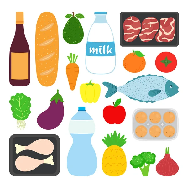 Alimentos Saludables Dibujos Animados Aislados Blanco Verduras Frutas Leche Agua — Vector de stock