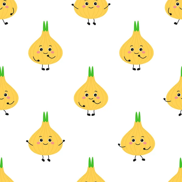 Cute Cartoon Onion Seamless Pattern Flat Style Vector Illustration Vegetable — Stock Vector