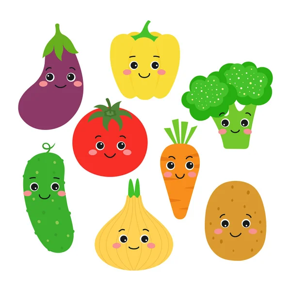 Készlet Aranyos Vicces Élelmiszer Karakterek Vektor Illusztrációja Sárgarépa Uborka Brokkoli — Stock Vector