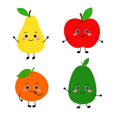 Beyaz, armut, elma, avokado ve mandalina gibi düz yüzlü vektör çizimleri olan şirin çizgi film karakterleriyle izole edilmiş.