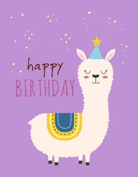 有可爱美洲驼的生日快乐贺卡 有生日礼帽和字母的有趣羊驼 — 图库矢量图片