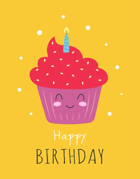 贺卡上有可爱的快乐纸杯蛋糕人物 生日矢量图以扁平的风格显示 — 图库矢量图片