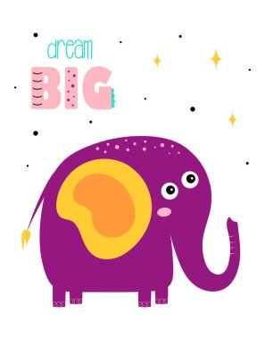 Beyaz üzerine izole edilmiş şirin filli kart, çizgi film tarzında vektör çizimi