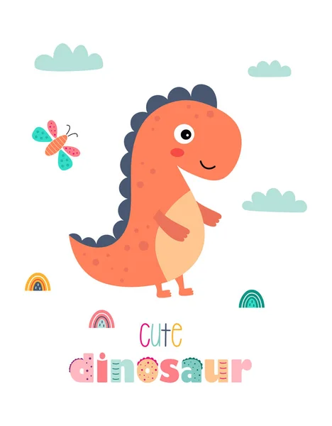 Schattige Dinosaurus Met Tekst Wolken Regenboog Vlinder Geïsoleerd Witte Achtergrond — Stockvector